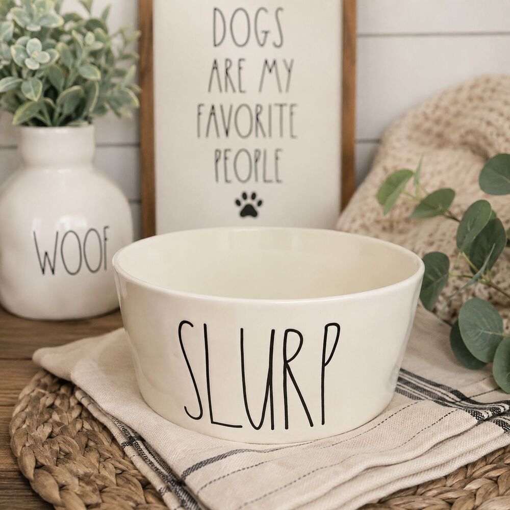 Rae Dunn "SLURP" Dog Bowl XL 8" LL White Ceramic Magenta Artisan Collection